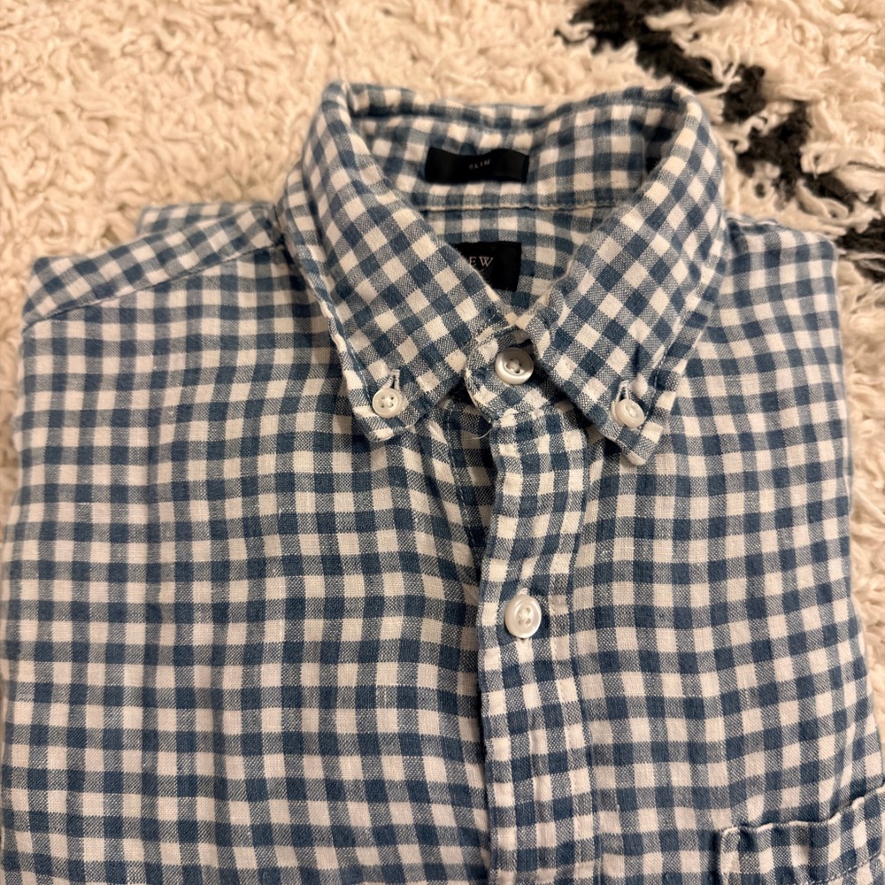 J. Crew Navy and White Gingham Baird Mcnutt linen Shirt Small